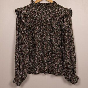 Floral Ruffle Blouse - Black and Pink